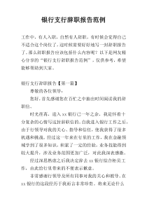 银行支行辞职报告范例