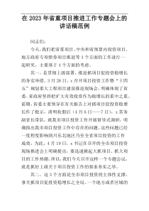 在2023年省重项目推进工作专题会上的讲话稿范例