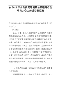 在2023年全县投资环境整治暨暖商行动动员大会上的讲话稿范例