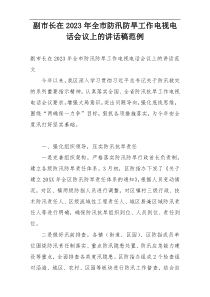 副市长在2023年全市防汛防旱工作电视电话会议上的讲话稿范例
