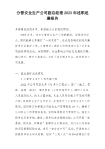 分管安全生产公司副总经理2023年述职述廉报告