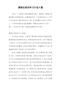 暑假在家的学习计划5篇