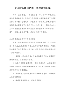 企业财务部出纳岗下半年计划5篇