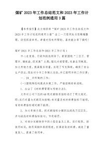 煤矿2023年工作总结范文和2023年工作计划范例通用3篇