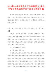 2023年企业主管个人工作总结范文_企业主管工作总结范文及工作计划通用8篇