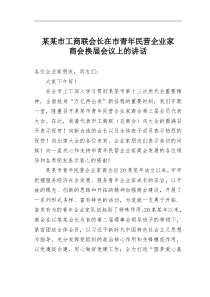 某某市工商联会长在市青年民营企业家商会换届会议上的讲话