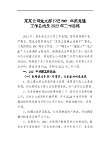 某某公司党支部书记20XX年抓党建工作总结及20XX年工作思路
