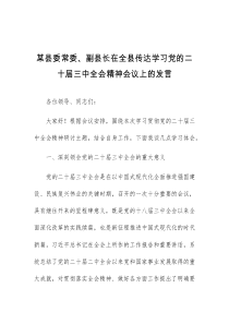 某县委常委副县长在全县传达学习党的二十届三中全会精神会议上的发言
