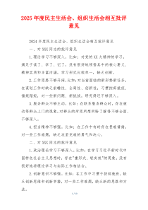 2025年度民主生活会、组织生活会相互批评意见