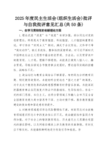 (精编)2025年度民主生活会（组织生活会）批评与自我批评意见汇总（共50条）