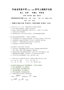河南省实验中学2014届高三上学期期中考试试卷化学Word版含答案