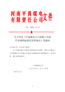 平禹〔2009〕375号平禹煤电公司采掘工作面作业规程标准化管理规定