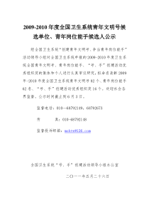 2009-2010年度全国卫生系统青年文明号候选单位青年岗位能手候选人公示