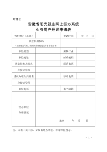 安徽省阳光就业网上经办系统业务用户开设申请表