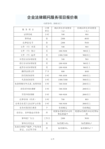 企业法律顾问服务项目报价表
