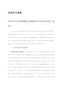 2020年上半年党建工作总结及下半年工作计划企业