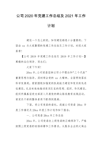 公司2020年党建工作总结及2021年工作计划