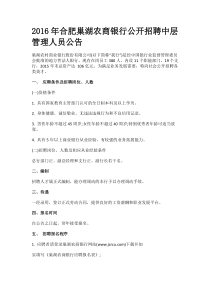 2016年合肥巢湖农商银行公开招聘中层管理人员公告