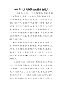 2021年7月民族团结心得体会范文