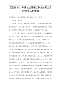 区街道2021年度社会管理工作总结范文及2022年工作计划