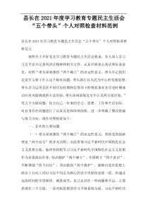 县长在2021年度学习教育专题民主生活会“五个带头”个人对照检查材料范例