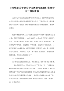 公司党委关于党史学习教育专题组织生活会召开情况报告