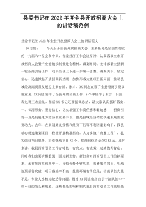 县委书记在2022年度全县开放招商大会上的讲话稿范例