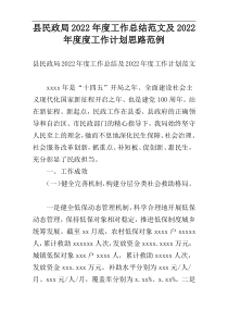 县民政局2022年度工作总结范文及2022年度度工作计划思路范例