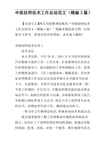 申报技师技术工作总结范文（精编3篇）