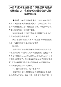 2022年度书记在开展“下基层察民情解民忧暖民心”实践活动动员会上的讲话稿提纲3篇