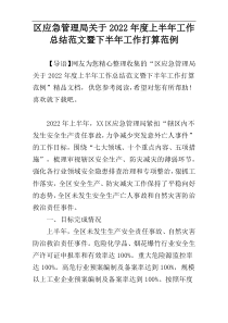 区应急管理局关于2022年度上半年工作总结范文暨下半年工作打算范例