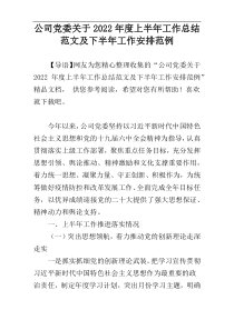 公司党委关于2022年度上半年工作总结范文及下半年工作安排范例