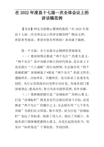 在2022年度县十七届一次全体会议上的讲话稿范例