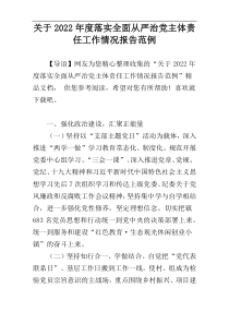 关于2022年度落实全面从严治党主体责任工作情况报告范例