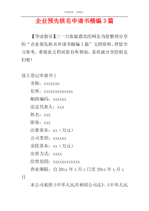 企业预先核名申请书精编3篇